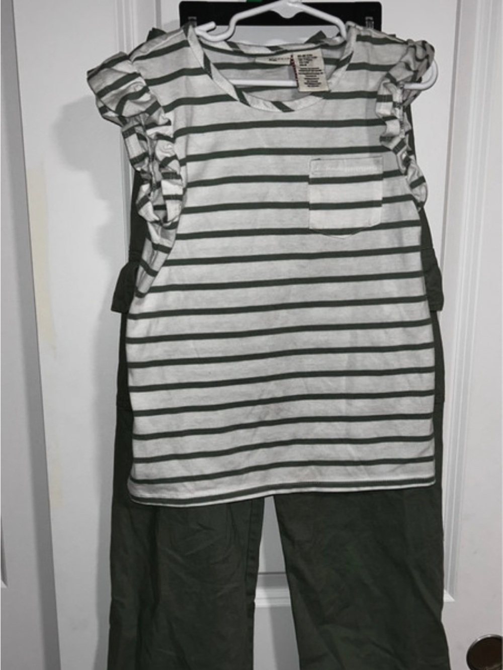 Max Studio White & Olive Green Striped Ruffle Sleeve Top and green pants